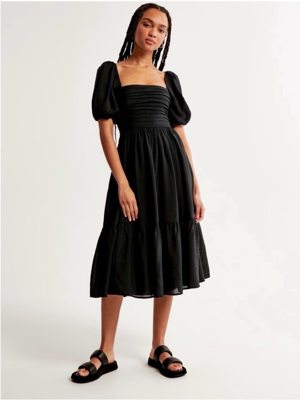 Abercrombie & Fitch Black Puff-Sleeve Square Neck Midi Dress